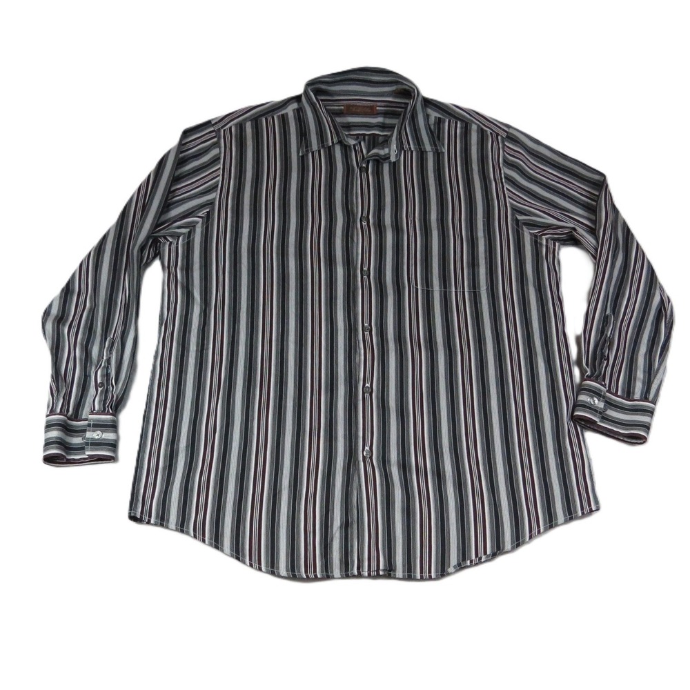 Tasso Elba Shirt Mens XL Gray Black Purple Stripe 100% Cotton Long Sleeve Button